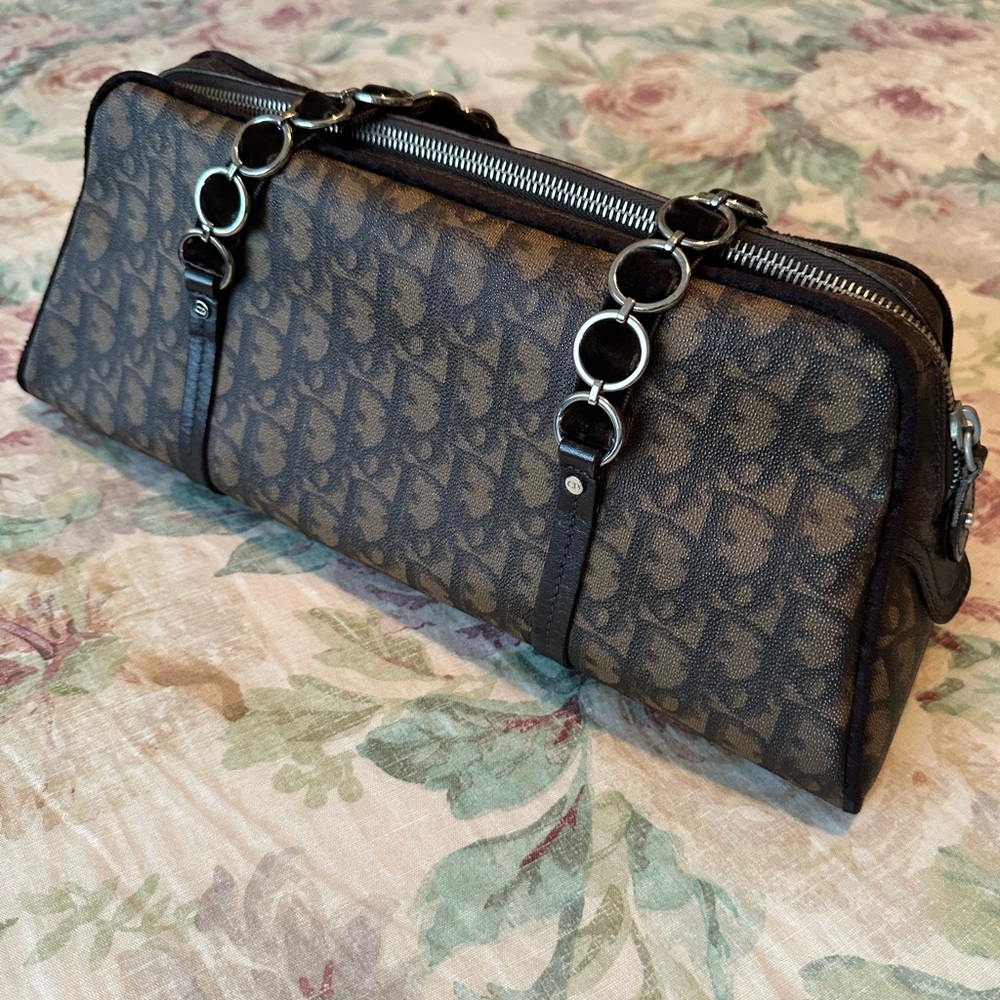 Christian Dior Brown Monogram Satchel Chain Velvet Handles Bow Logo